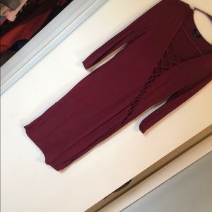 Burgundy lace down corset front midi dress